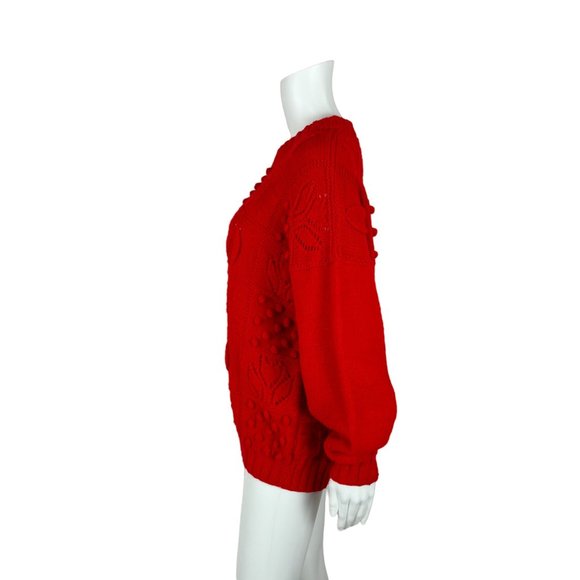 Vintage 80s Oversize Sweater Red Tulips Pom Pom's Acrylic Pullover - Picture 7 of 8